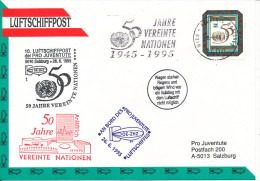 Austria UN Vienna Cover AIRSHIP MAIL Pro Juventute Number 10 Wien 8-6-1995 And Salzburg 26-6-1993 With More Postmarks - Emissions Communes New York/Genève/Vienne