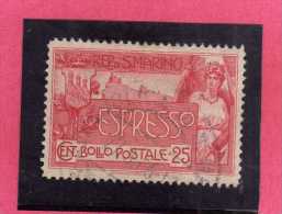 SAN MARINO 1907 ESPRESSI ALLEGORIA E VEDUTA ALLEGORY & VIEW SPECIAL DELIVERY ESPRESSO LIRE 25 TIMBRATO USED - Express Letter Stamps