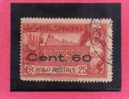 SAN MARINO 1923 ESPRESSI NUOVA TIRATURA ESPRESSO SPECIAL DELIVERY 1907 SOPRASTAMPATO SURCHARGED CENT 60 SU 25 USATO USED - Express Letter Stamps