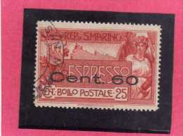 SAN MARINO 1923 ESPRESSI NUOVA TIRATURA ESPRESSO SPECIAL DELIVERY 1907 SOPRASTAMPATO SURCHARGED CENT 60 SU 25 USATO USED - Express Letter Stamps