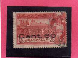 SAN MARINO 1923 ESPRESSI NUOVA TIRATURA ESPRESSO SPECIAL DELIVERY 1907 SOPRASTAMPATO SURCHARGED CENT 60 SU 25 USATO USED - Francobolli Per Espresso