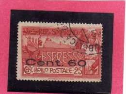 SAN MARINO 1923 ESPRESSI NUOVA TIRATURA ESPRESSO SPECIAL DELIVERY 1907 SOPRASTAMPATO SURCHARGED CENT 60 SU 25 USATO USED - Express Letter Stamps