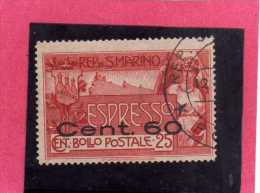 SAN MARINO 1923 ESPRESSI NUOVA TIRATURA ESPRESSO SPECIAL DELIVERY 1907 SOPRASTAMPATO SURCHARGED CENT 60 SU 25 USATO USED - Express Letter Stamps