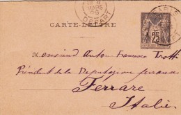 France, Intero Postale Da Paris To Italie. 1896 - 1898-1900 Sage (Type III)