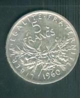 France 5 Francs Semeuse Argent Année 1960    - Pieb6309 - 5 Francs