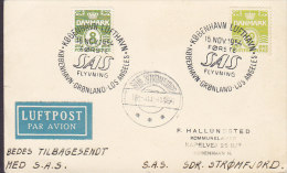 Denmark Luftpost Par Avion Label SAS 1st Flight KØBENHAVN-GRØNLAND-LOS ANGELES 1954 Card Karte RETURN Sdr. STRØMFJORD - Luchtpostzegels