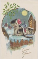 CARTE BONNE ANNEE,avec Chat,chaton,cat,pleine Lune,neige,ruban - Neujahr