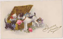 CARTE BONNE ANNEE,relief Or,pannier à Chats,chat,cat,chaton,chi En,surprise - Neujahr