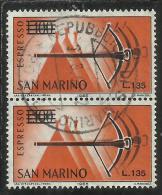 SAN MARINO 1965 ESPRESSI SPECIAL DELIVERY BALESTRA SOPRASTAMPATO SURCHARGED LIRE 135 SU 100 USATO USED - Express Letter Stamps