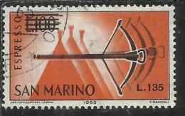SAN MARINO 1965 ESPRESSI SPECIAL DELIVERY BALESTRA SOPRASTAMPATO SURCHARGED LIRE 135 SU 100 USATO USED - Express Letter Stamps
