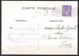 FLIER 7.L.O. De PARIS 25   Le 23 12 1944  Pour  PARIS    IRIS 1f20 Violet    Sur CP - 1939-44 Iris