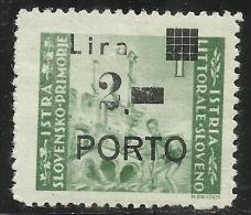 ISTRIA E LITORALE SLOVENO 1946 SEGNATASSE SOPRASTAMPATO DUE TAXE SURCHARGED PORTO LIRE 2 SU 1 VARIETA' MNH - Occ. Yougoslave: Littoral Slovène