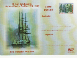 3910- CAPTAIN SCOTT ANTARCTIC EXPEDITION, SHIP, POSTCARD STATIONERY, 2002, ROMANIA - Antarctische Expedities