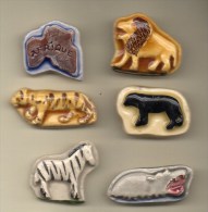 6 FEVES Biscuit Verni ROIS SAFARI 1991 PRIME - Carte AFRIQUE, Lion, Zèbre, Hippopotame, Panthère & Tigre - Animaux