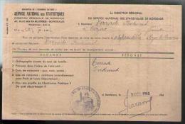 Courrier Service National Statistiques Rue Des Sablières Bordeaux 2-12-1944 - Carte De Tabac Terrade Cézac Les Coureaux - 1900 – 1949