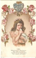 Liebe Poesie Postée De Diedenhofen Carte Gaufrée Demoiselle Et Colombe 1907 - Andere & Zonder Classificatie