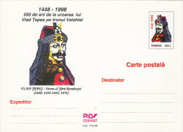 4090- KING VLAD THE IMPALER, DRACULA, POSTCARD STATIONERY, 1998, ROMANIA - Cartes-maximum (CM)