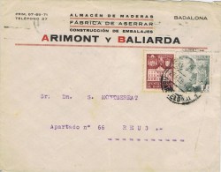 10607. Carta BADALONA (barcelona) 1943. Recargo Exposicion. Comercial Maderas - Barcellona