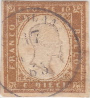 SI53D Italia Italy Sardegna 1855 10 C. - Effigie Di Vitt. Em. II Volta A Destra Con Annullo Marrone Oliva - Sardegna