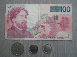 BILLET BELGE 100 FRANCS JAMES ENSOR ACCOMPAGNE DE 2 PIECES DE 1 FRANC & 5 COURONNES NORVEGIENNE - 100 Frank