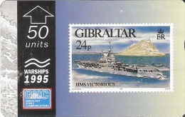 Nº37/a TARJETA DE GIBRALTAR DE UN SELLO CON UN BARCO HSM VICTORIUS 512L (STAMP-SHIP)  (RARA) - Francobolli & Monete