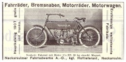 Original Werbung - 1907 - NSU , Motorrad , Neckarsulm , Moto , Motorräder !!! - Motor Bikes