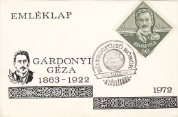 4360- GARDONYI GEZA, WRITER, COMMEMORATIVE SHEET, 1972, HUNGARY - Covers & Documents