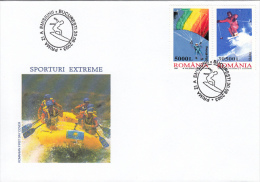 EXTREME SPORTS, RAFTING, SKYDIVING, SKIING, COVER FDC, 2003, ROMANIA - Rafting