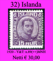 Islanda-032 - 1920 - Y&T: N.89 (++) MNH - Privo Di Difetti Occulti - - Unused Stamps