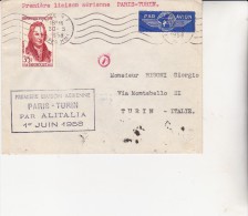 LETTRE PREMIERE LIAISON AERIENNE -PARIS -TURIN -1 ER JUIN 1958- CAD CROIX ROUGE ITALIENNE AU DOS - Eerste Vluchten