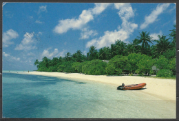 Maldives, Beach With A  Rubber Boat, Windsurfing Stamps, Airport Post Office Cancellation, Fishermen's Day Sigil, 1985. - Maldiven