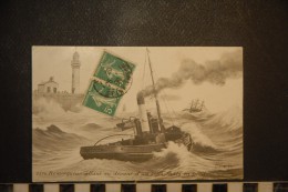 REMORQUEUR ALLANT AU DEVANT D’ UN TROIS-MATS EN PERIL Phare Steamer Schlepper Boot Bateau à Vapeur Schip - Tugboats