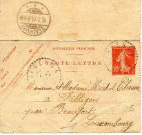 Entier Type Semeuse Carte Lettre Luxembourg - Cartoline-lettere