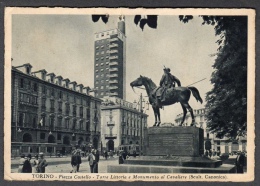 1940 TORINO PIAZZA CASTELLO E TORRE LITTORIA FG V SEE 3 SCANS ANIMATA TRAM TASSATA INGRANDIMENTO - Piazze