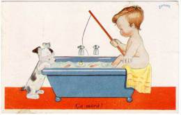 Cpa Signée Janser, Enfant Pêchant Dans Baignoire, Chien - Jeudy