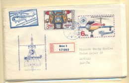 CARTA CHECOSLOVAQUIA A SEVILLA CON ETIQUETA Y MATº VOLADO POR HELICOPTERO 15/6/74 - Airmail