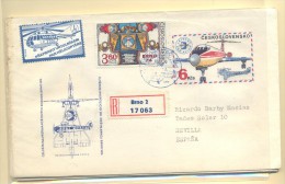 CARTA CHECOSLOVAQUIA A SEVILLA CON ETIQUETA Y MATº VOLADO POR HELICOPTERO 15/6/74 - Poste Aérienne