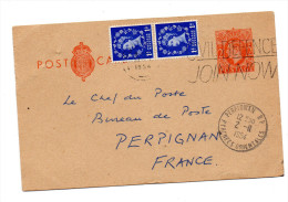 Entier Postal + Timbres 1954 Cachet "civil Defence Join Now" Pour Perpignan - Stamped Stationery, Airletters & Aerogrammes