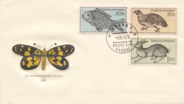 Czechoslovakia / First Day Cover (1955/10 B) Praha 1 (c): Cyprinus, Perdix Perdix, Lepus Europeus, Callimorpha Dominula - Conejos