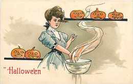 225439-Halloween, Leubrie & Elkus No 2215-1, Artist HB Griggs, Woman Cooking While Jack O Lanterns Watch - Halloween