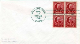 FDC Brief USA 1940 - 4x2C 4er Mark Hopkins, Stempel Williamstown 1940 - 1851-1940