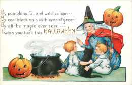 225539-Halloween, Whitney No WNY08-1, Witch Holding JOL Stick Talking To Two Young Boys & Black Cat - Halloween