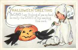 225547-Halloween, Whitney No WNY06-1, Young Girl In Ghost Outfit Pouring Salt On Black Crow, Jack O Lantern - Halloween