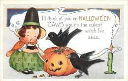 225553-Halloween, Whitney No WNY06-3, Young Girl Witch Carving A Jack O Lantern While Black Crows Watch - Halloween