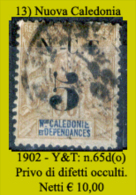 Nuova-Caledonia-013 - 1902 - Y&T: N. 65d (o) - Privo Di Difetti Occulti - - Oblitérés
