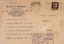 R.S.I. 30 CENT IMPERIALE FASCIO ROSSO 1944 ISOLATO PIEVE LIGURE X ODOLO - Marcophilie