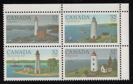 Canada MNH Scott #1035a Block Of 4 With #1035i Scratch In Sky To Left Of Lighthouse (Gibraltar)- Canadian Lighthouses I - Variétés Et Curiosités