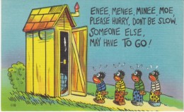Black Children Wait In Line For Outhouse, Humor, C1930s Vintage Linen Postcard - Black Americana