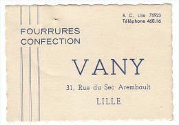 Carte Commerciale - Vany - Fourrures Confection - 31 Rue Du Sec Arembault à Lille - FRANCO DE PORT - Sports & Tourisme