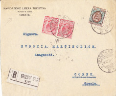 1921 RACCOMANDATA SU BUSTA INTESTATA PER CORFU' (GRECIA) VARI VALORI - Poststempel